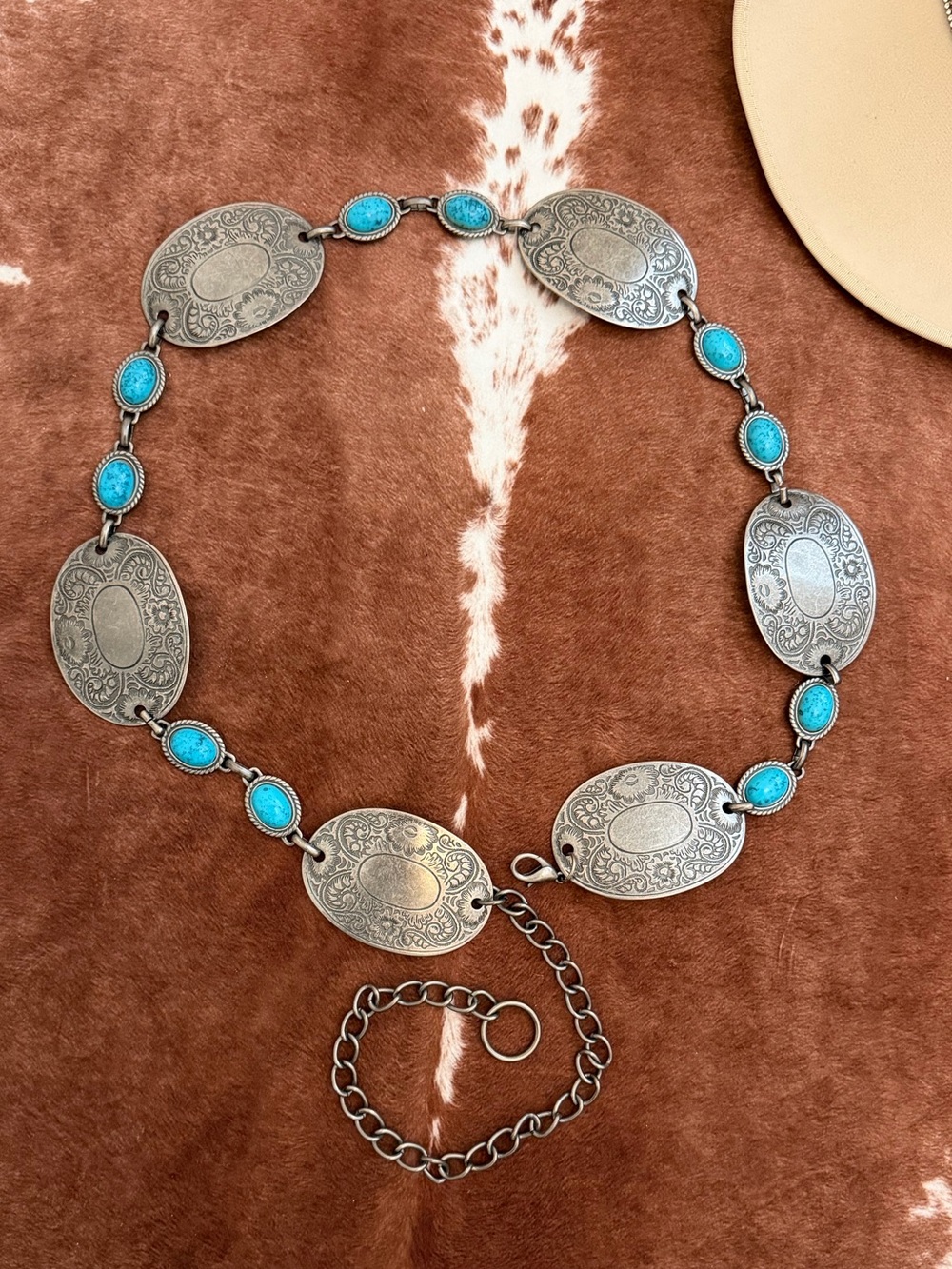 Turquoise Oval Concho Link Belt, Western Silver Hardware
